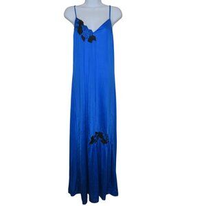 Vintage Shadowline Blue Nylon Slip Nightgown Black Embroidered Floral Detail